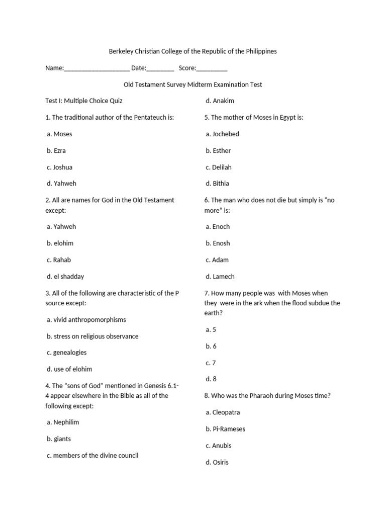 Old Testament Survey Midterm Exam | PDF | Book Of Genesis | Moses