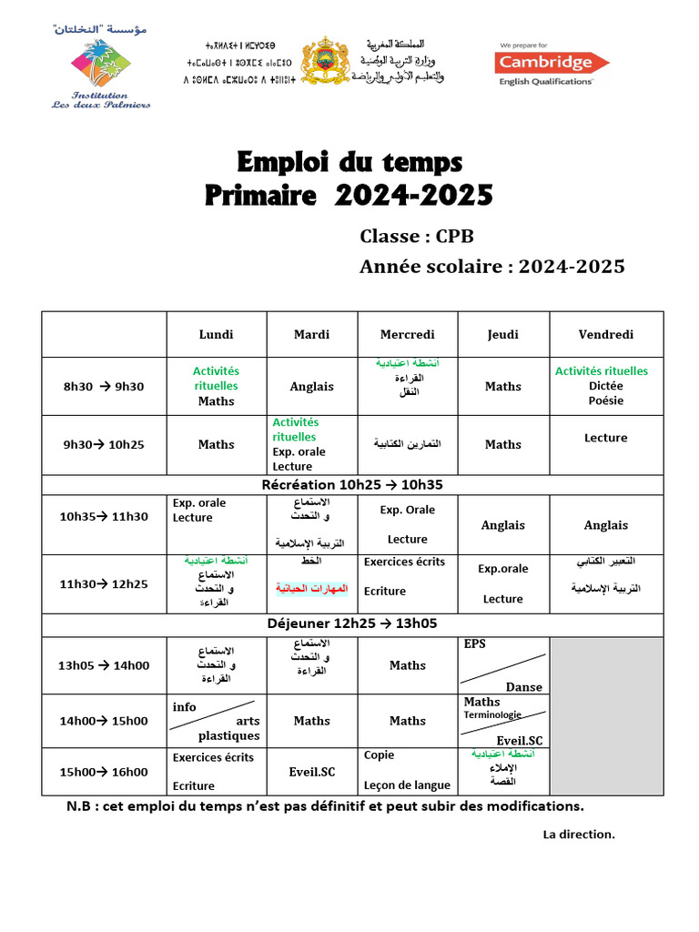 Emploi Du Temps Primaire 2024-2025: Classe: CPB Année Scolaire: 2024 ...