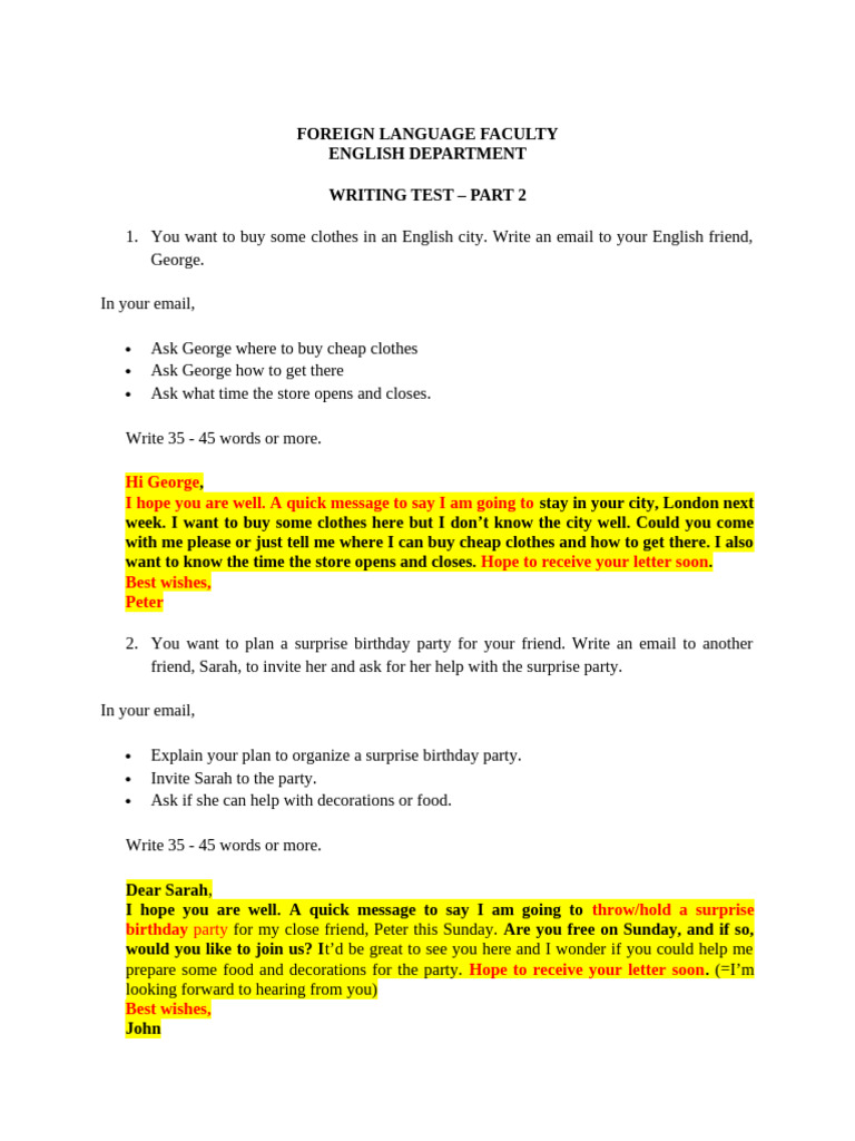 231 - Anh 2 - WRITING TEST Part 2 | PDF