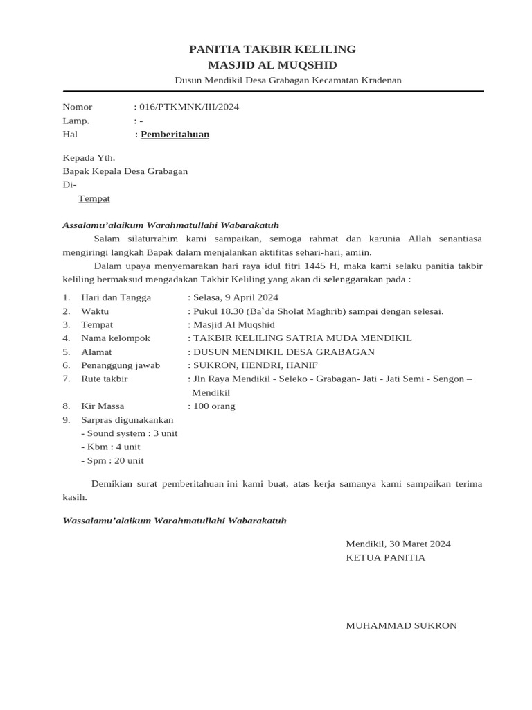 Surat Pemeritahuan Takbir Keliling Pdf