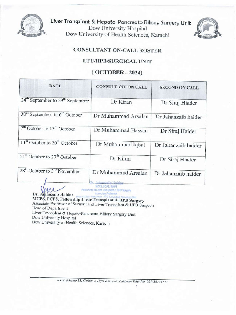 Liver Transplant On Call Consultant Roster October 2024 | PDF