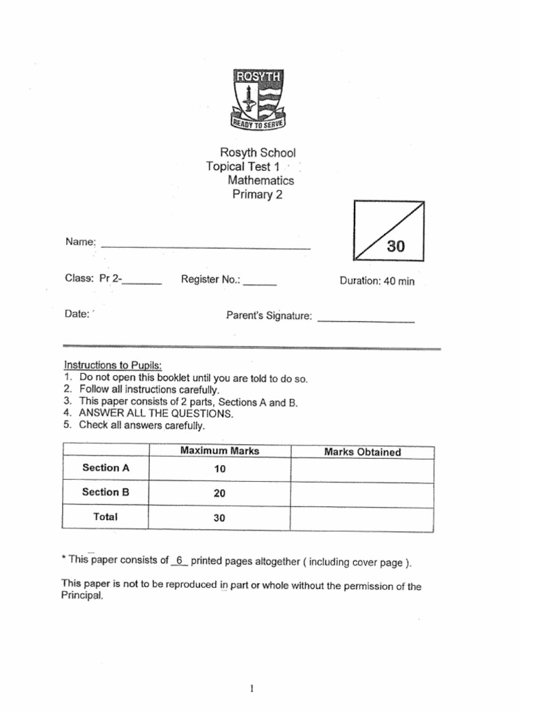 P2 Maths 2019 Rosyth Test123 Papers | PDF