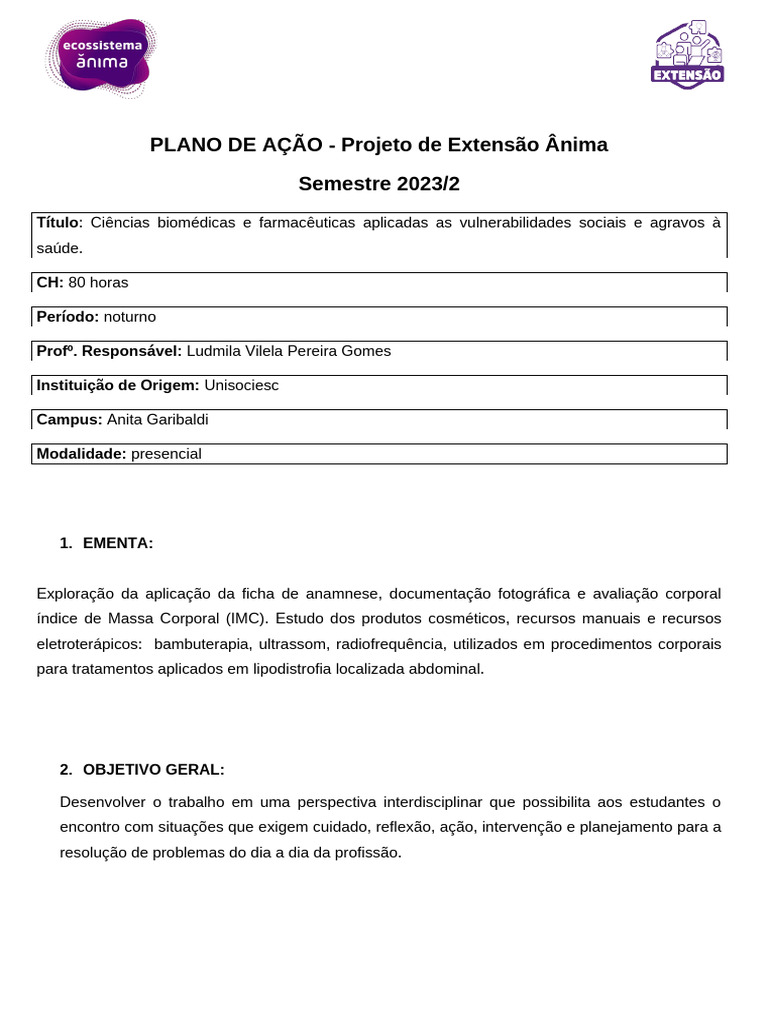Plano de Ação - Projeto - de Extensão Ludmila | PDF