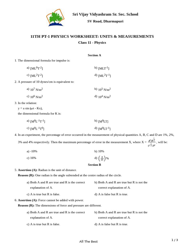 Class 11 Physics Units & Measurements Worksheet | PDF | Acceleration ...