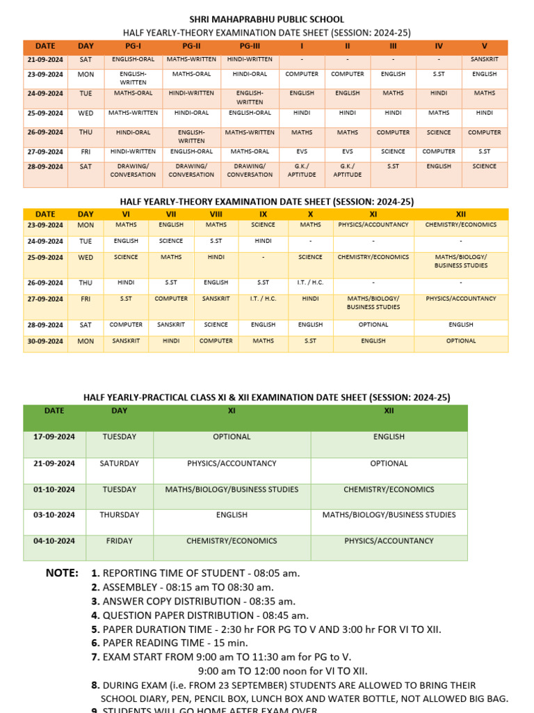 Datesheet of Term 2 Sa 1 Half Yearly Examination Theory Practical ...