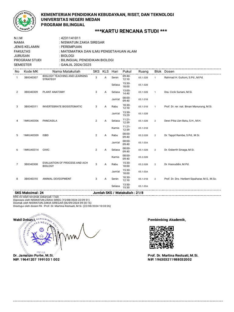 Kartu Rencana Studi (KRS) - Akad Unimed | PDF