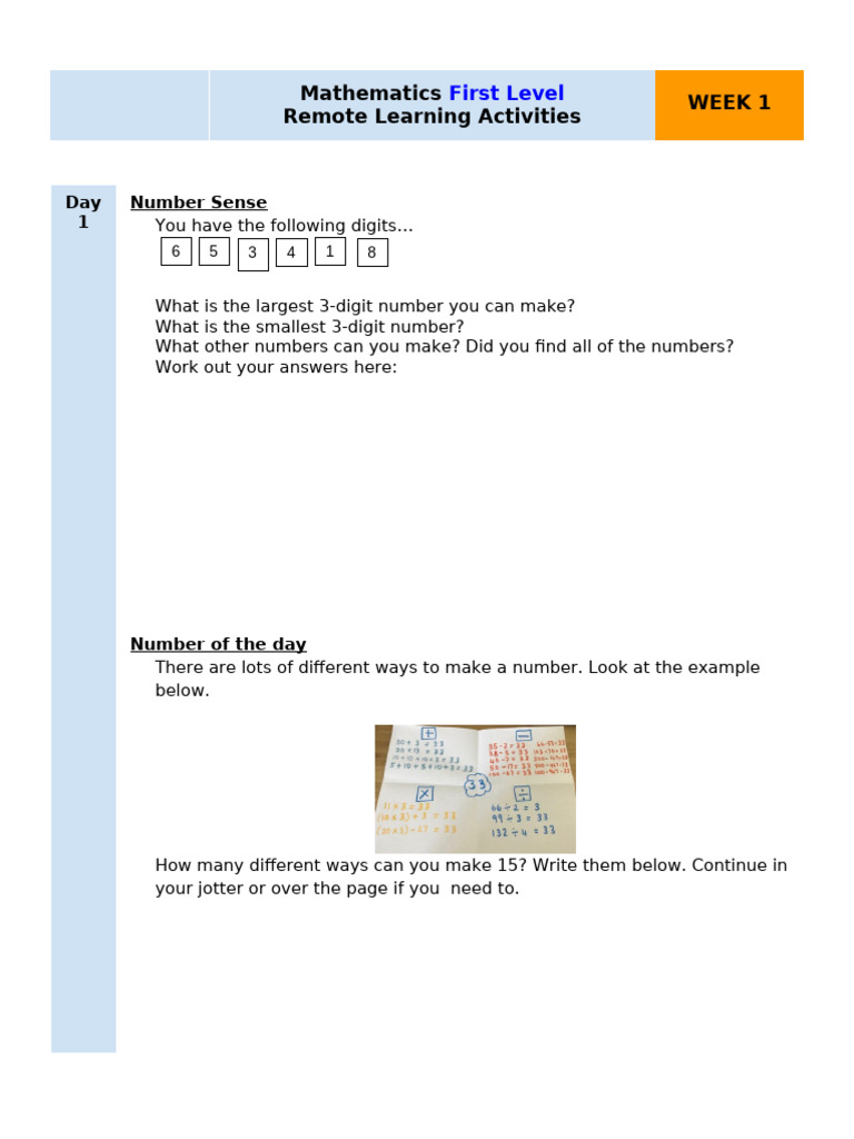 Numeracy Home Learning First Level Pdf