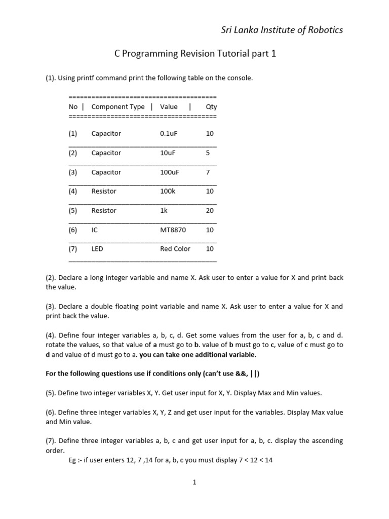 C Programming Revision Tutorial Part 1 | PDF