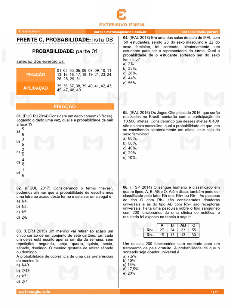 Frente C, Comb e Prob - Lista 8 | PDF