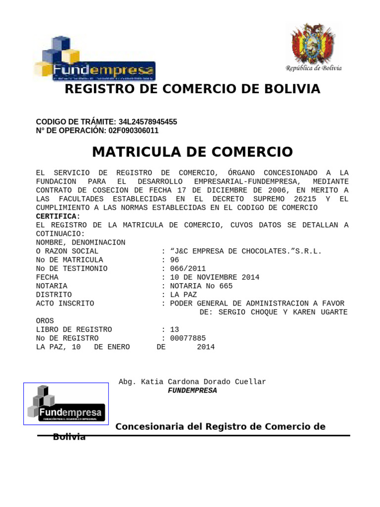 Registro de Comercio y Ministerio de Trabajo de Bolivia | PDF ...