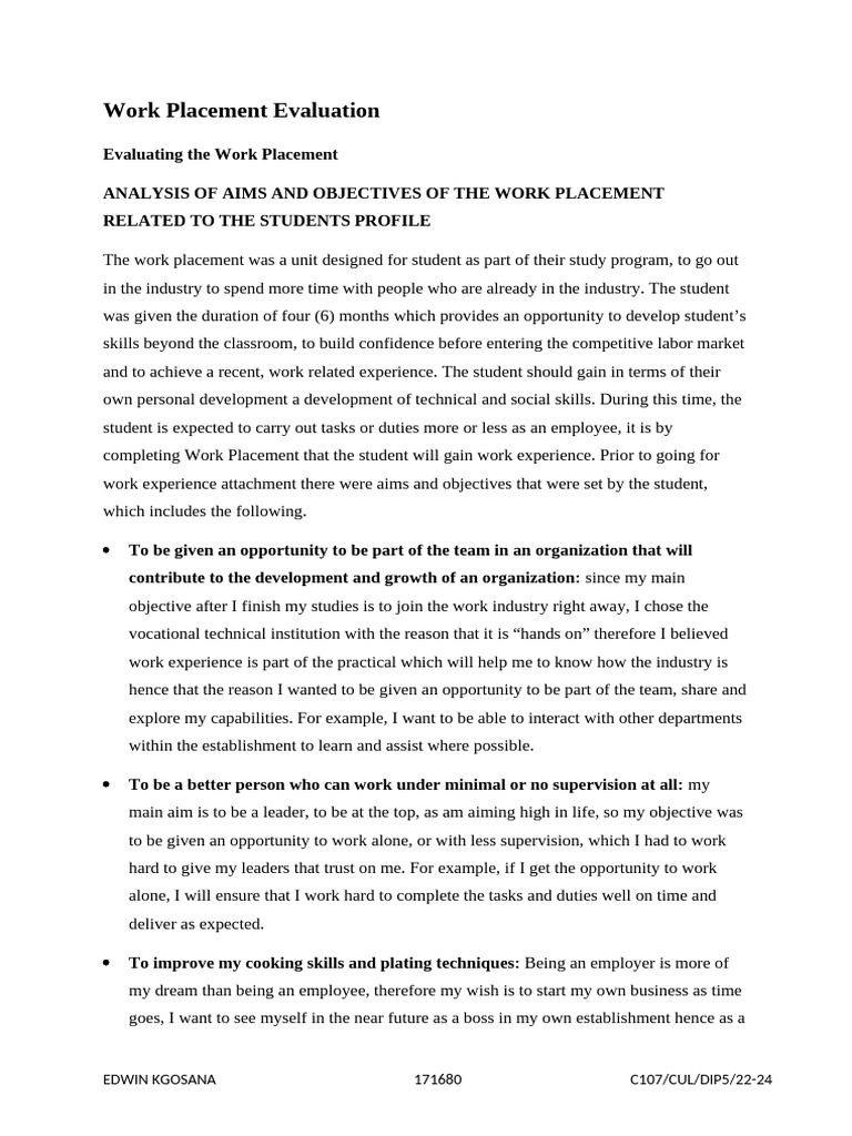 Work Placement Evaluation Report | PDF
