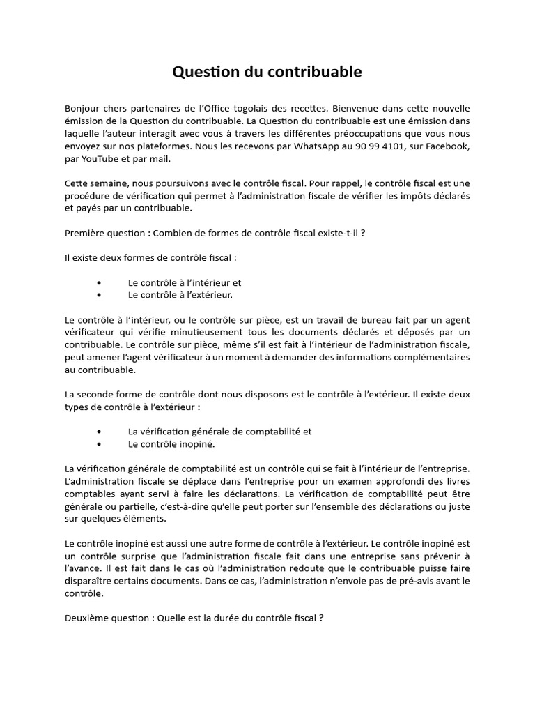 Questions Du Contribuable | PDF