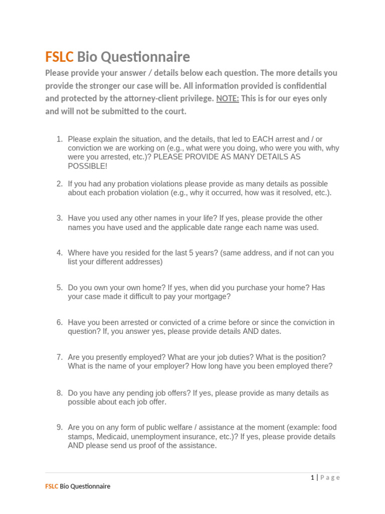 FSLC Bio Questionnaire | PDF