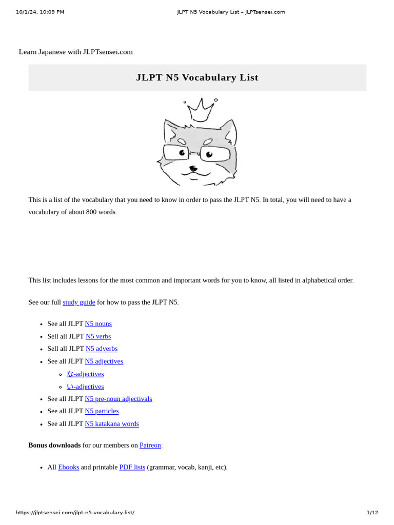 Jlpt N5 Vocabulary List Jlptsensei Pdf