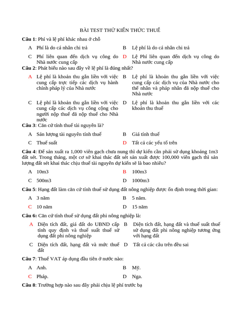 Đáp Án Bài Test | PDF
