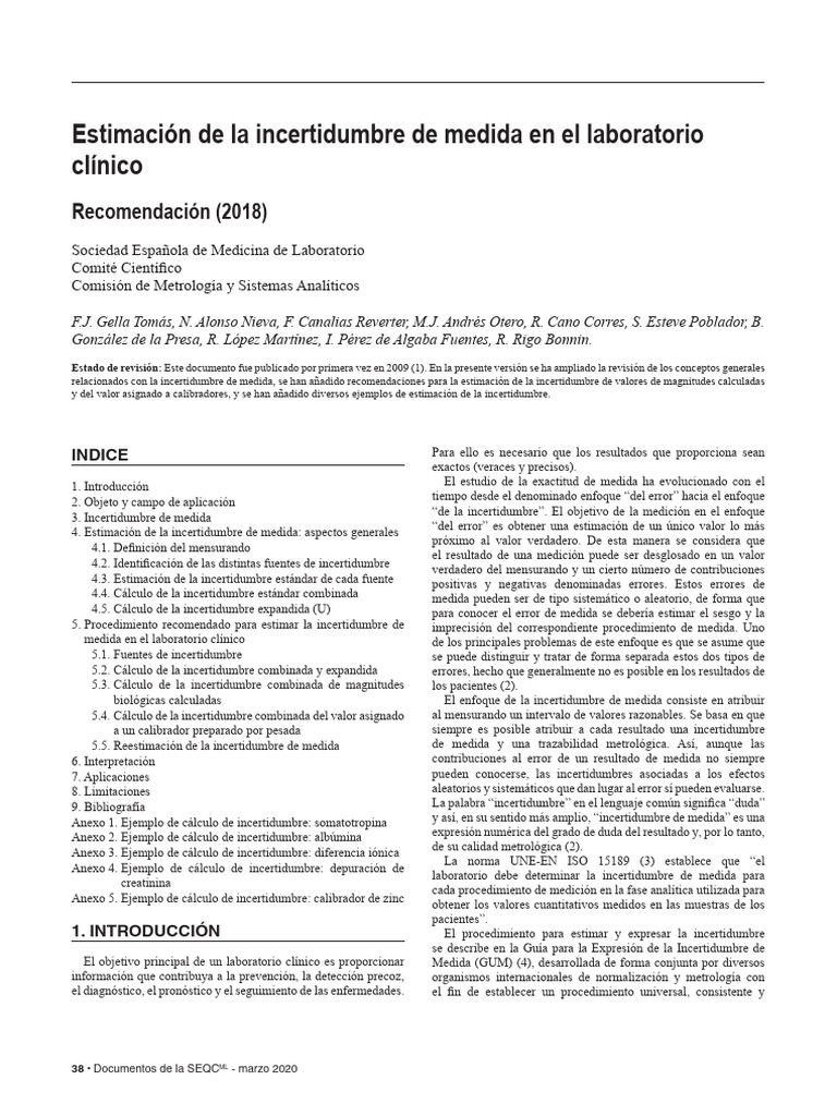 Estimacion de La Incertidumbre de Medida en El Laboratorio Clinico ...