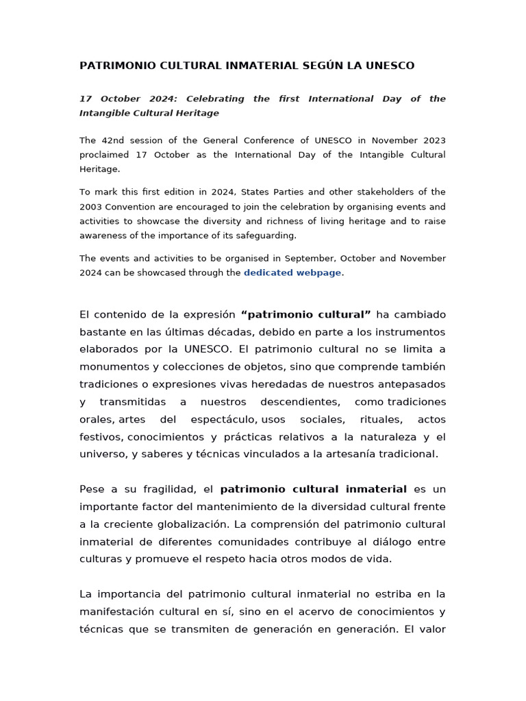Patrimonio Cultural Inmaterial | PDF