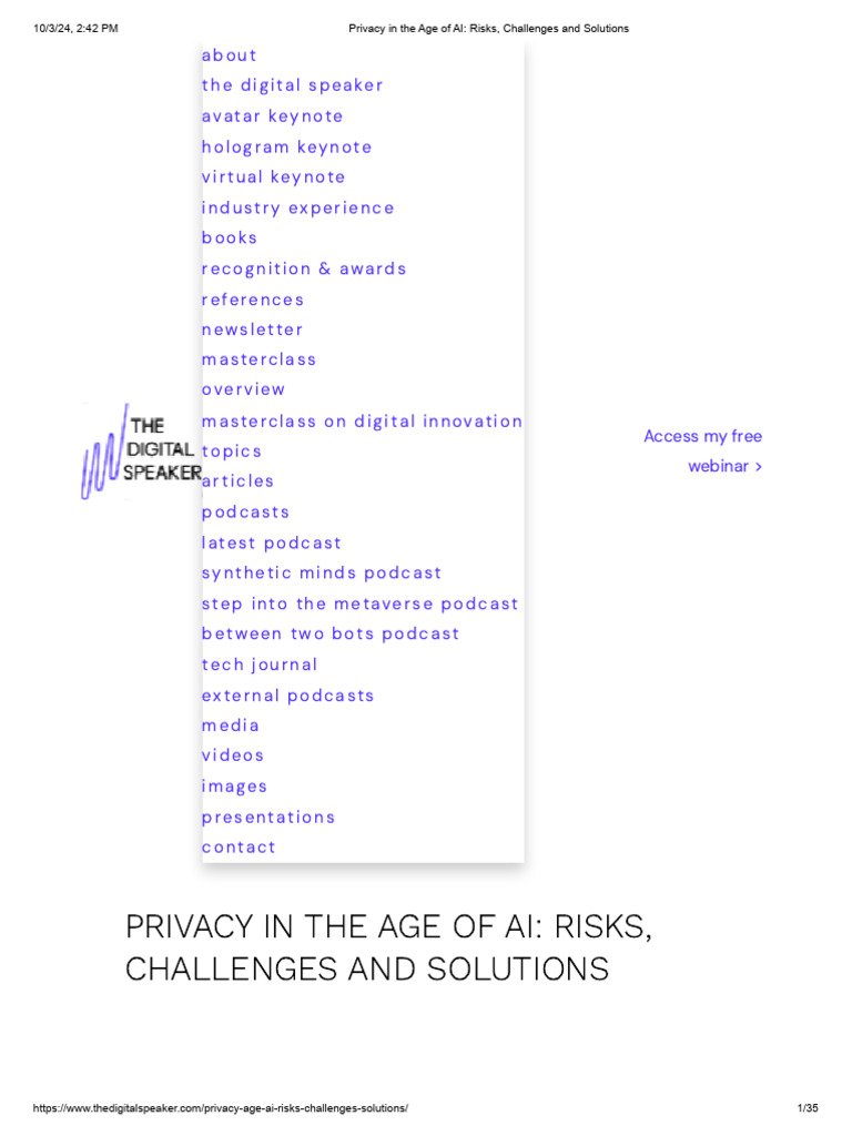 Privacy in The Age of AI - Risks, Challenges and Solutions | PDF