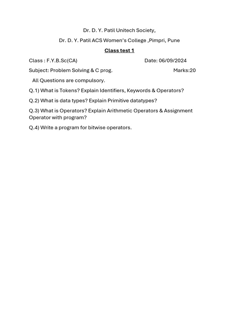C Programming Class Test. | PDF
