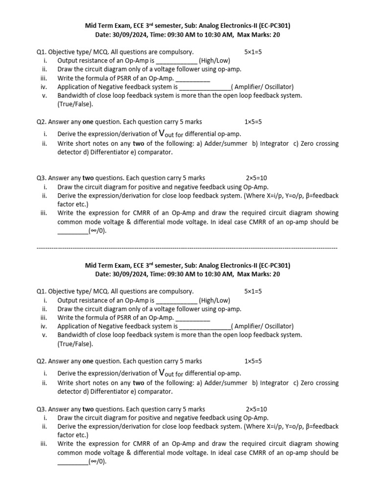 Mid Term Question Paper Ae Ii Ece 3rd Pdf Operational Amplifier