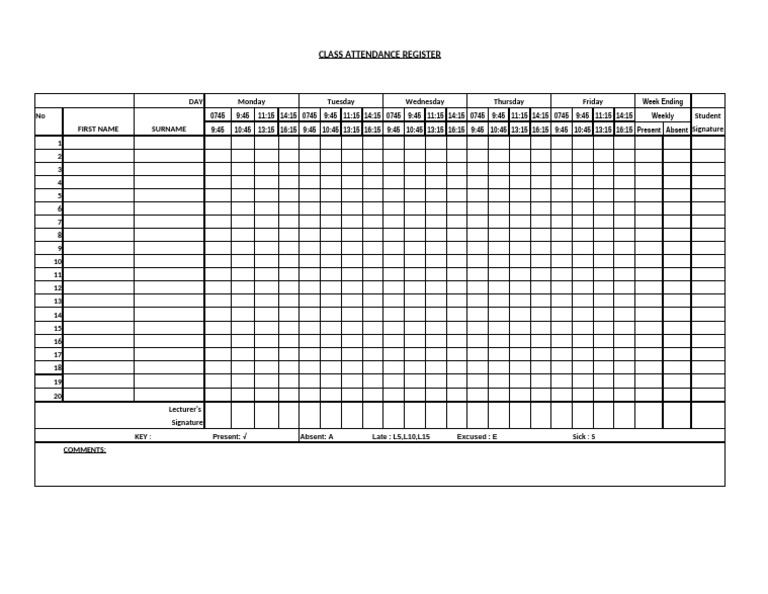 Class attendance register template 2 pdf