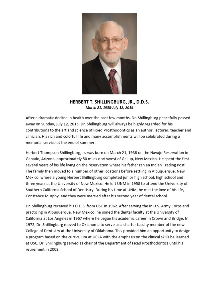 Tribute to Dr. Herbert T. Shillingburg | PDF | Dentistry Branches ...