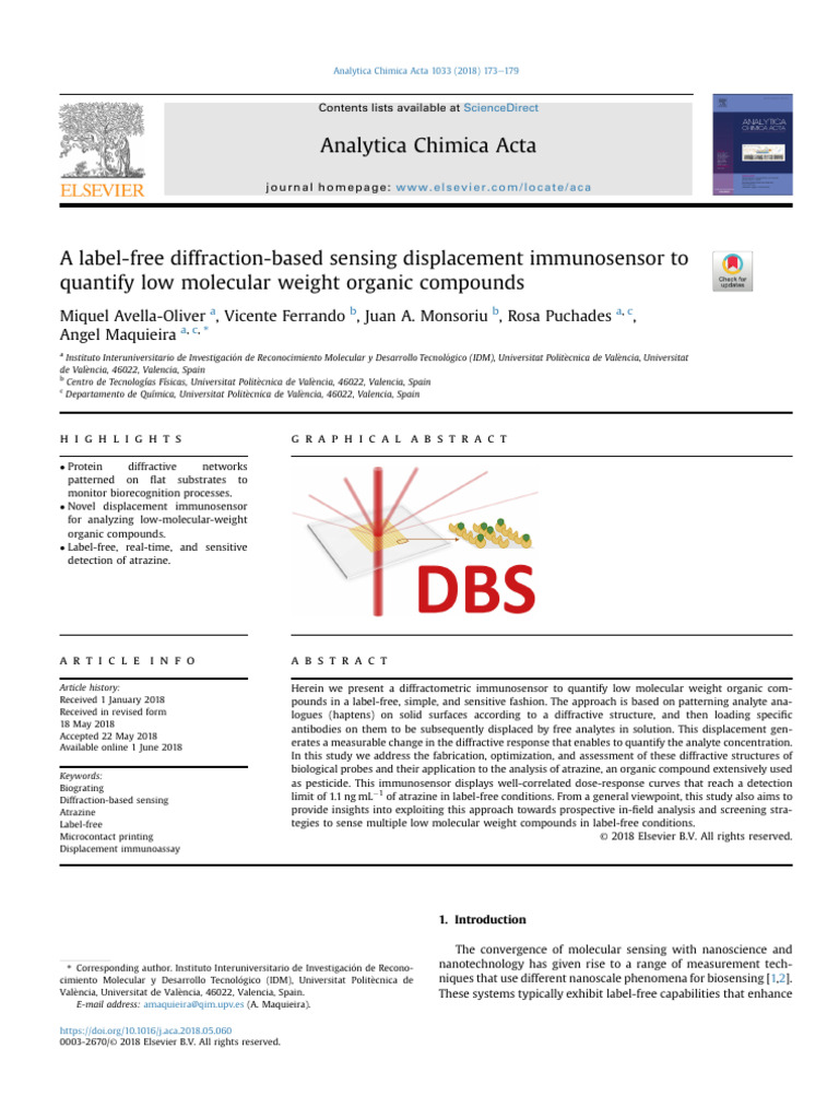 2018 A Label-Free Diffraction-Based Sensing Displacement Immunosensor | PDF