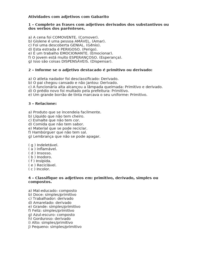 Atividades Com Adjetivos Com Gabarito | PDF