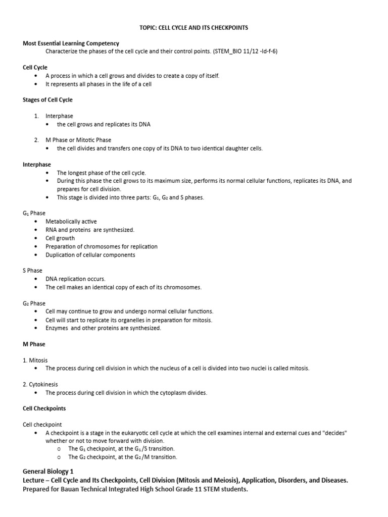 Handout Cell Cycle and Cell Division | PDF