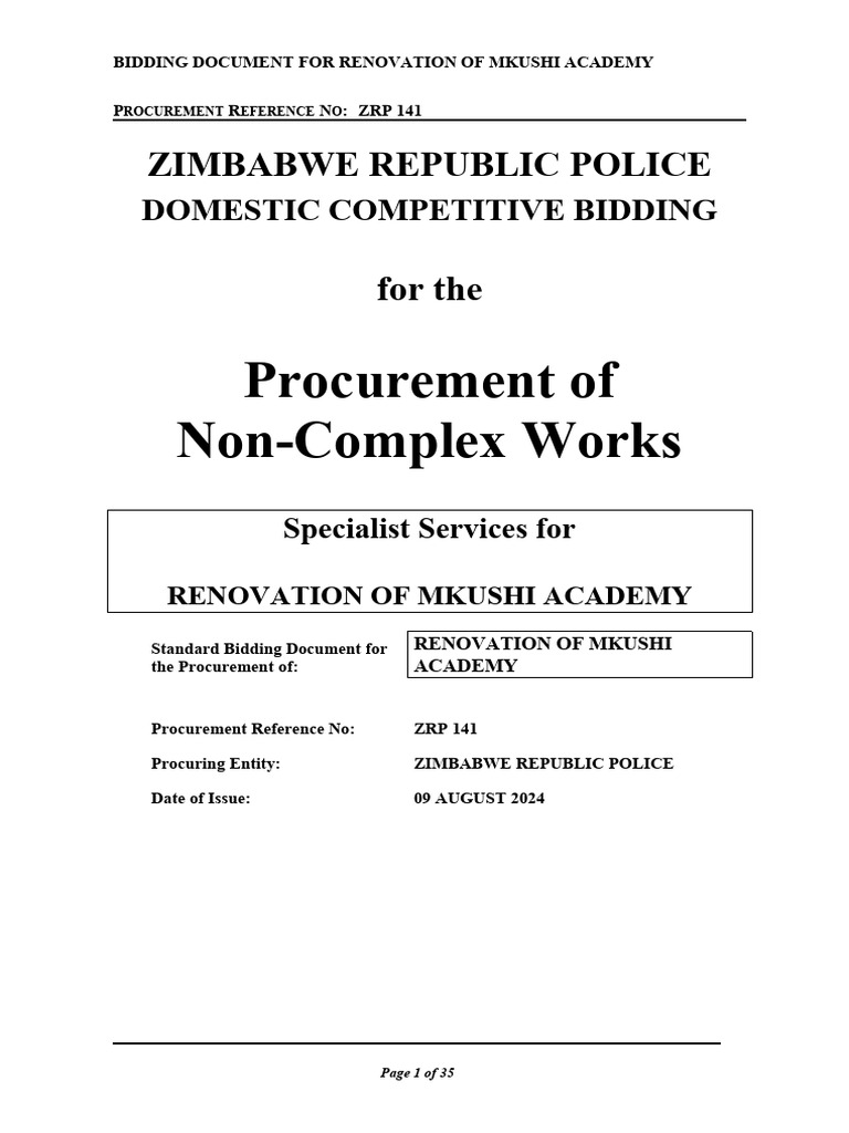 Bid Doc Tender 141 of 24 Mkushi Academy | PDF
