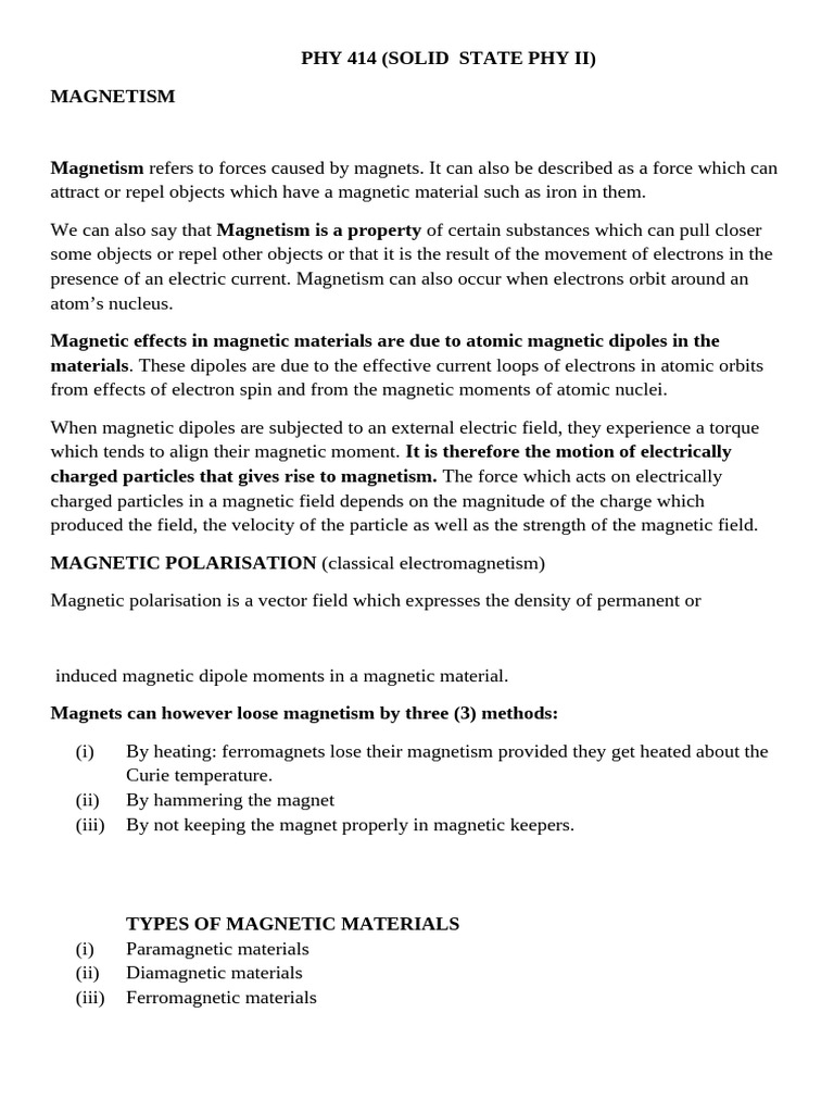 MAGNETISM PHY 414 Notes II | PDF