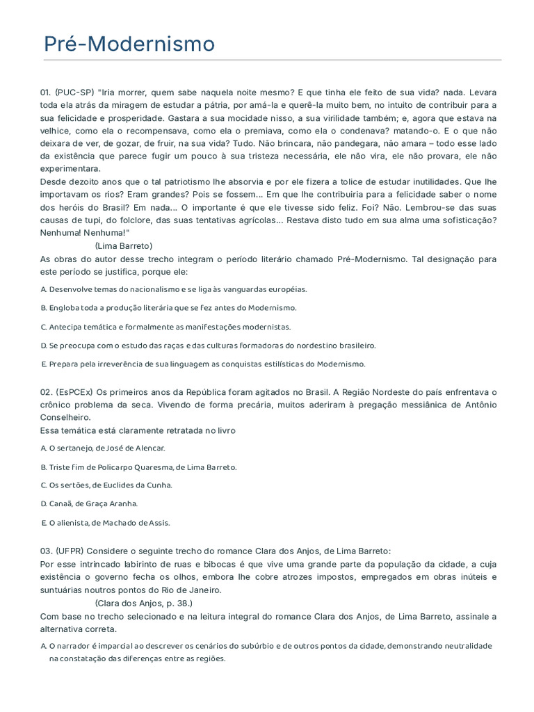 Questões Sobre Pré-Modernismo - Movimentos - para o Enem e Vestibular | PDF