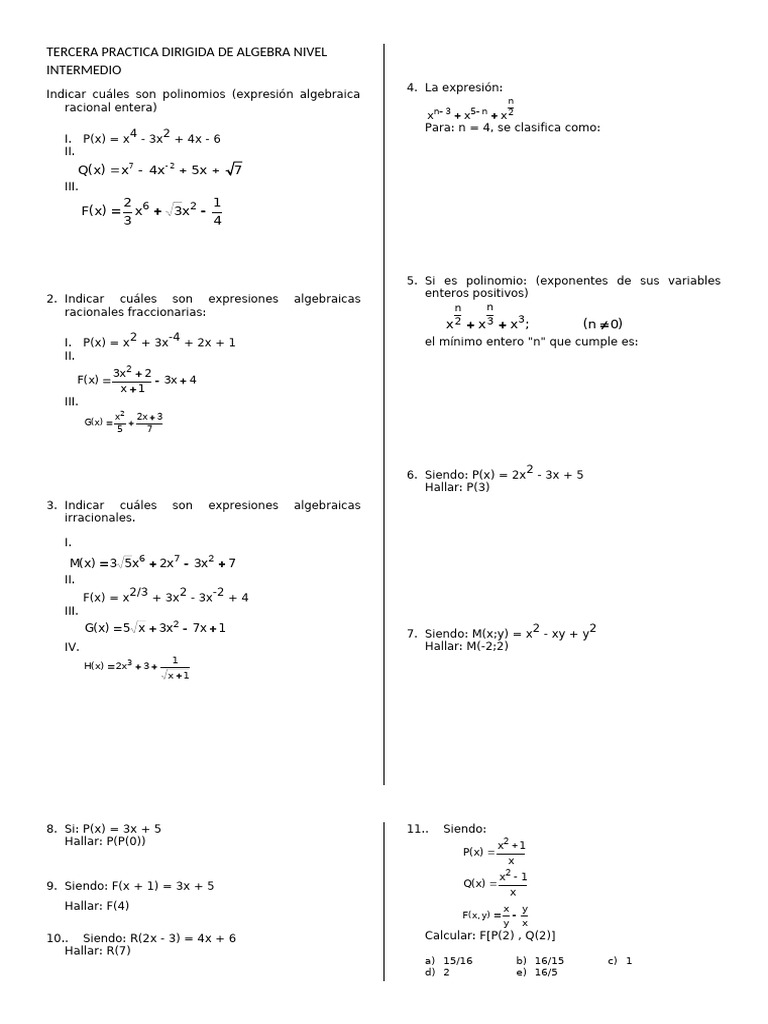 Tercera Practica Dirigida de Algebra Nivel Intermedio 27-12-22 | PDF