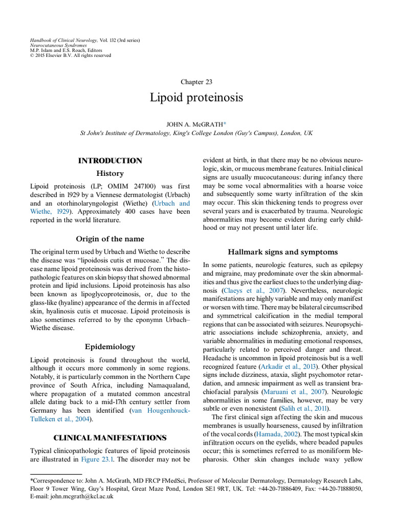 Lipoid Proteinosis: History | PDF