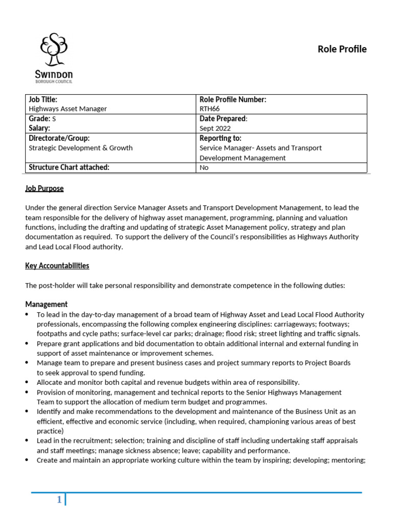 Role Profile Highways Asset Manager | PDF