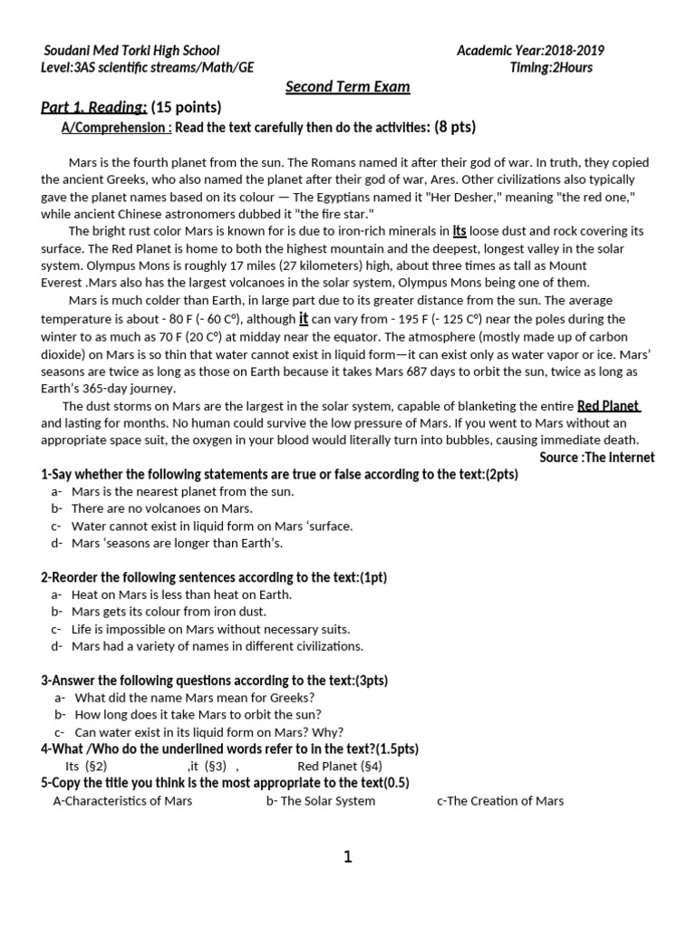 Second Term Exam 3as 2019 | PDF