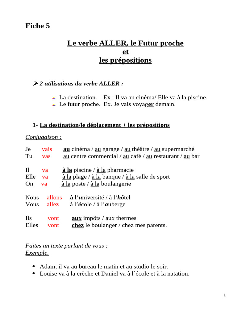 fiche 5 le verbe aller et le prep | PDF