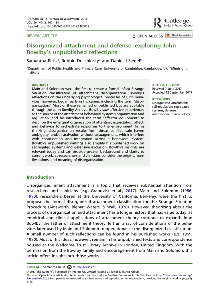 Disorganized Attachment and Defense - Exploring John Bowlby's ...