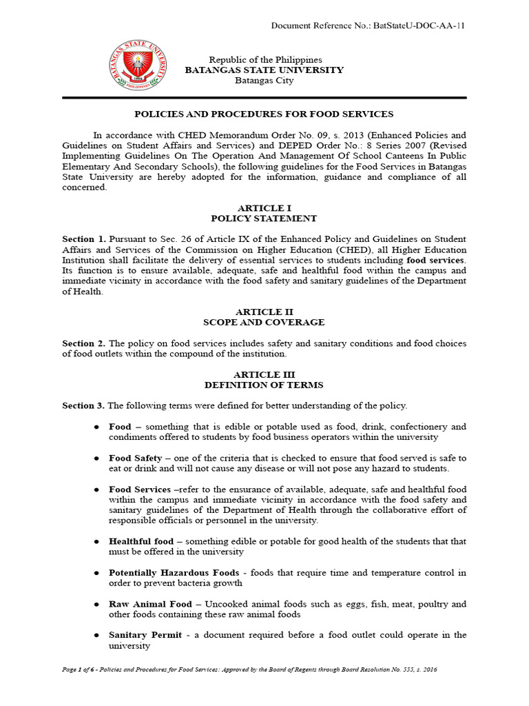 Policy and Procedures For Food Services | PDF