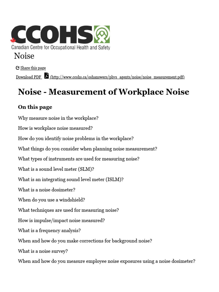 CCOHS - Noise - Measurement of Workplace Noise | PDF