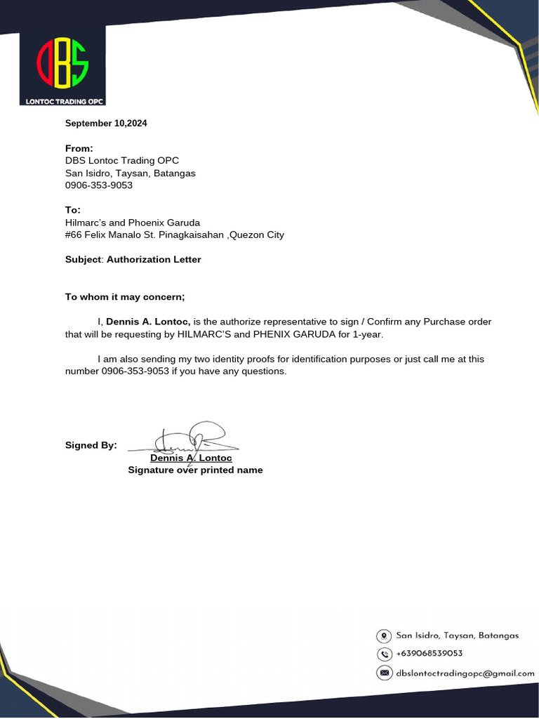Authorization Letter DBS | PDF