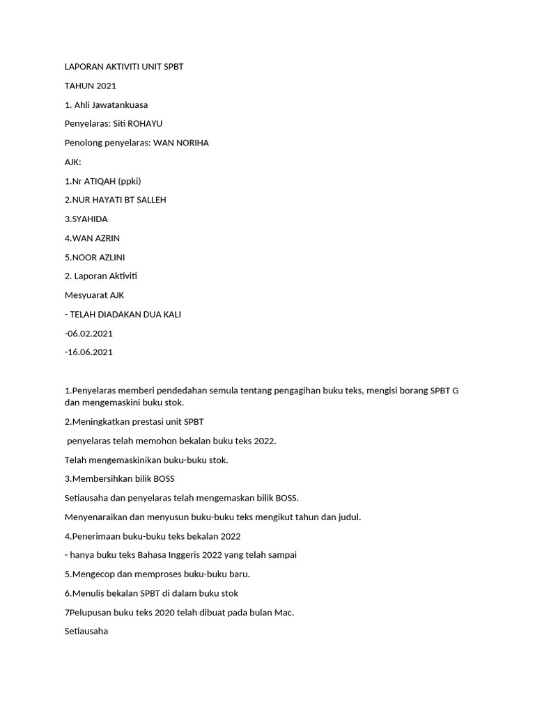 Laporan Aktiviti Unit SPBT | PDF