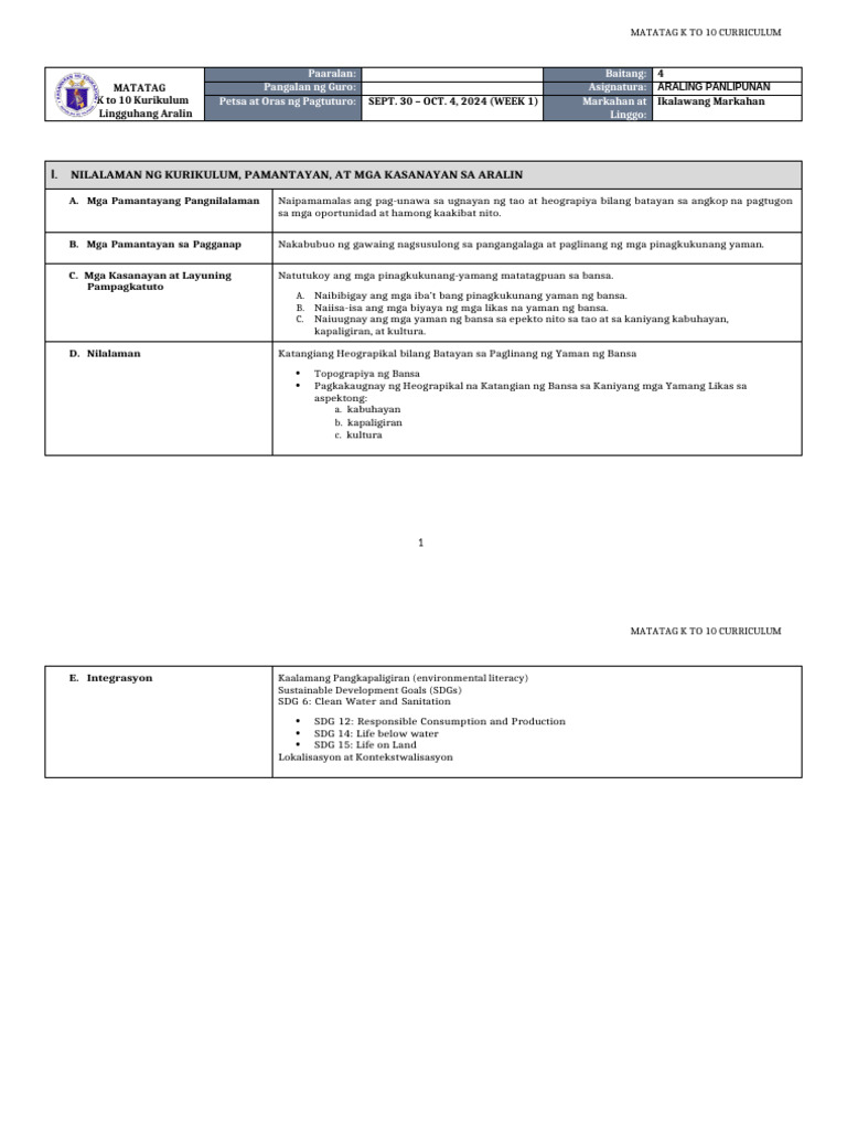 DLL Matatag - Araling Panlipunan 4 q2 w1 | PDF