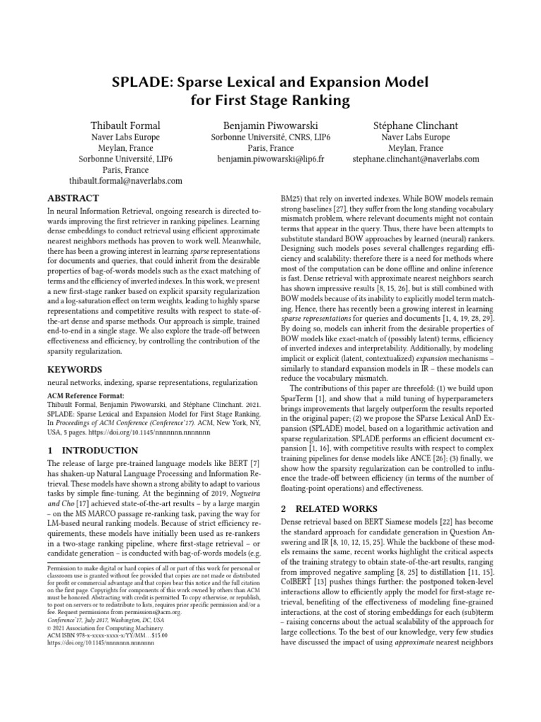 SPLADE: Sparse Lexical and Expansion Model For First Stage Ranking | PDF