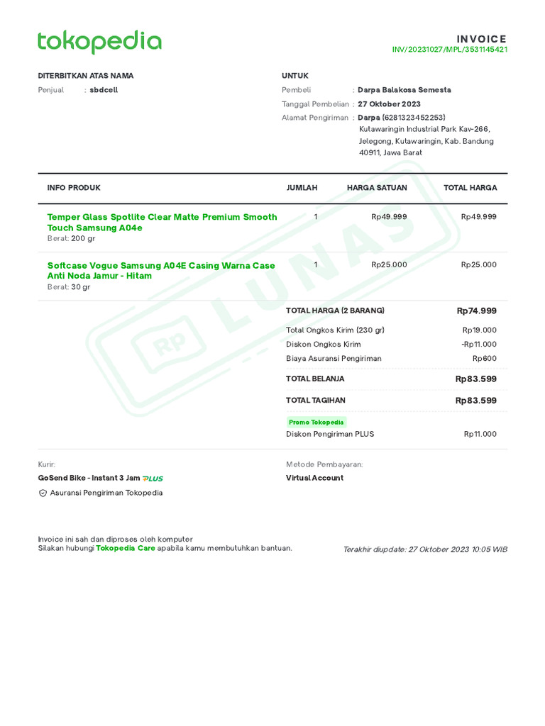 Receipt Invoice Tokopedia