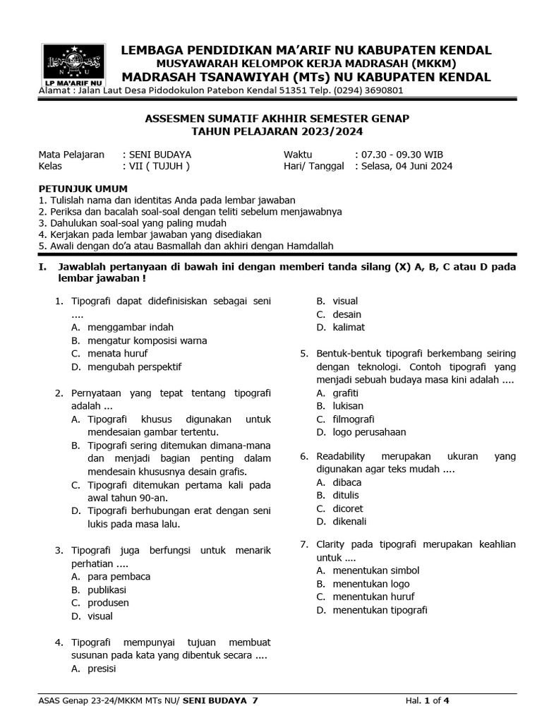50 Soal Seni Budaya Kelas 7 SMP MTs Ulangan/Ujian Sumatif Semester 2026 Lengkap Kunci Jawaban SBdP