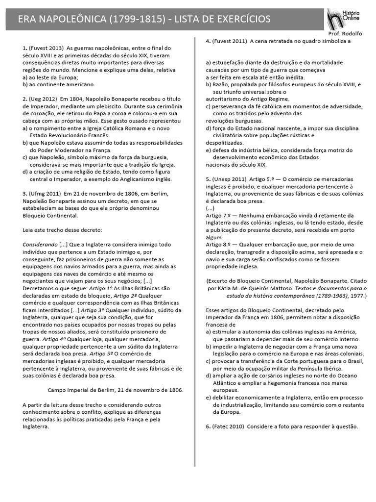 Exercícios sobre a Era Napoleônica | PDF | Napoleão | Primeiro Império ...
