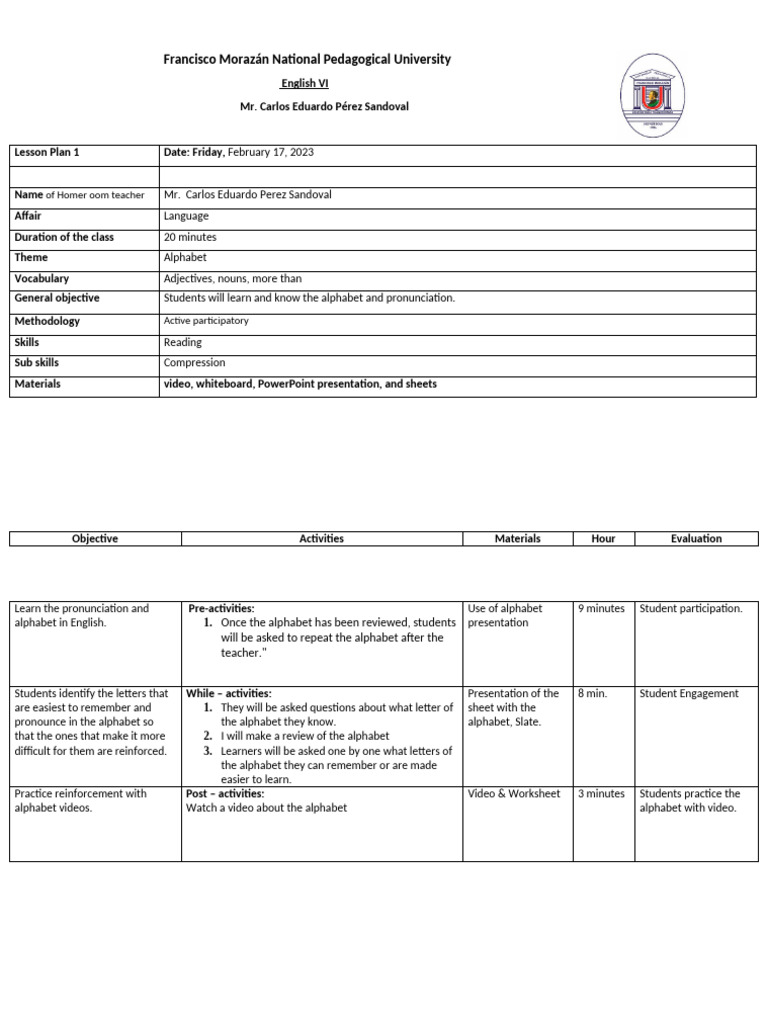 Plan De Clases De Ingles Pdf