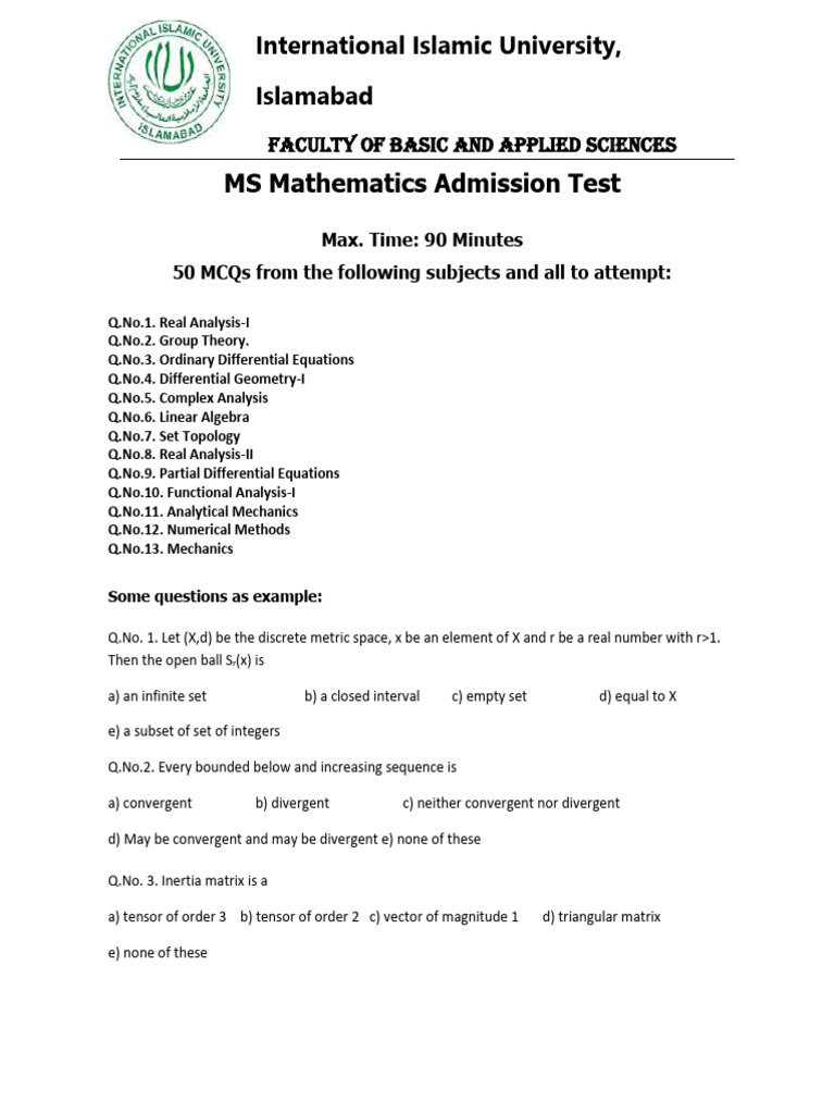 MS Maths Admission Test Template 19062023 | PDF