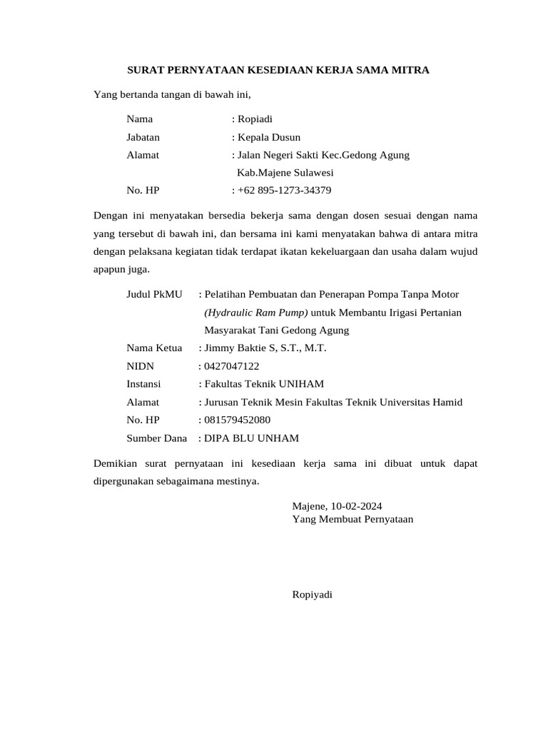 SURAT PERNYATAAN KESEDIAAN KERJA SAMA MITRA PKM 2024 Rov | PDF